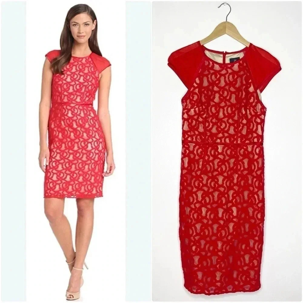 Adrianna Papell Dress Women's Cap Sleeve Red Tonal Piped Lace Knee Length Size 8